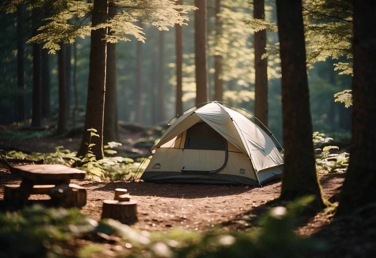 A campsite nestled among tall trees, with a crackling fire, cozy tent, and camping gear scattered around. A serene forest setting with dappled sunlight filtering through the leaves