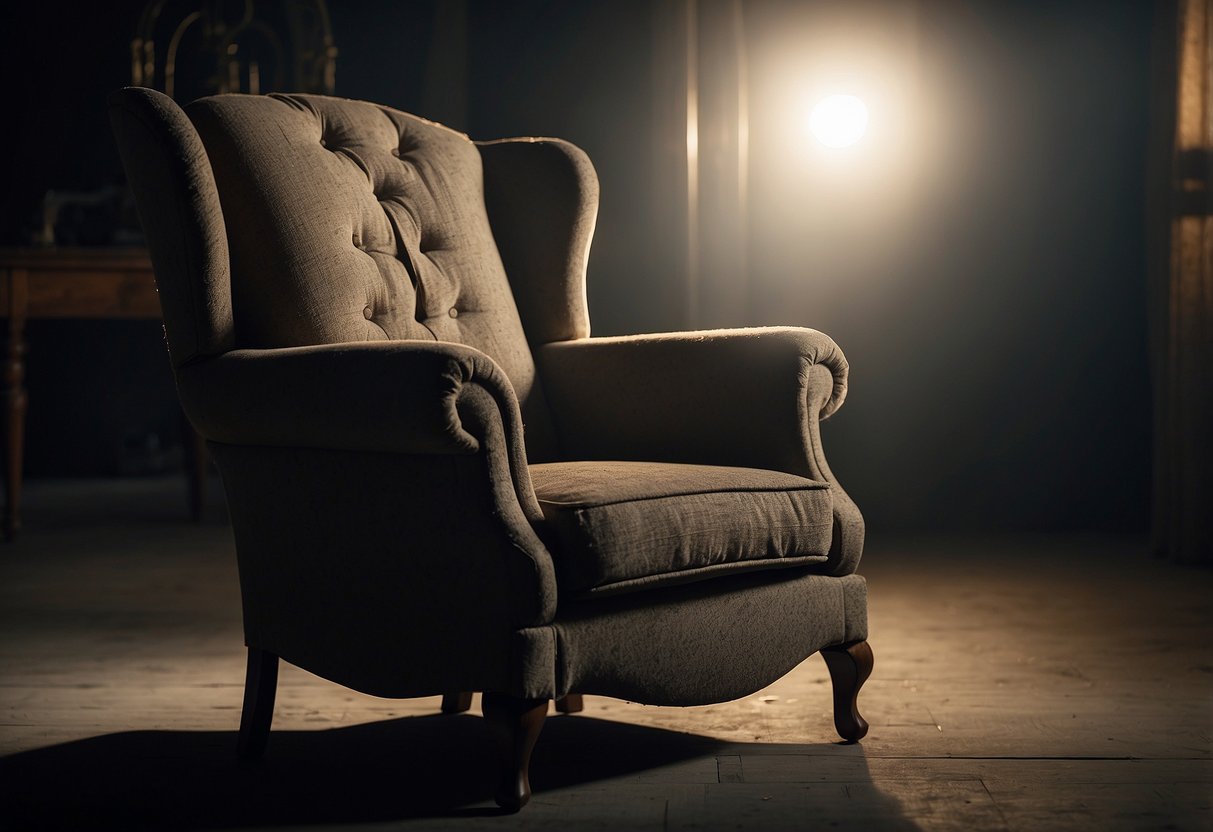 A dusty old armchair sits in a dimly lit room, its tattered fabric and creaking wood giving off an eerie presence. The chandelier above flickers as the chair seems to shift and groan on its own