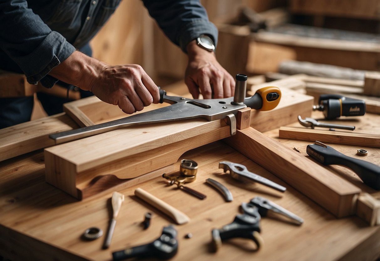 A carpenter creating custom timber furniture, surrounded by tools and wood, answering frequently asked questions from customers