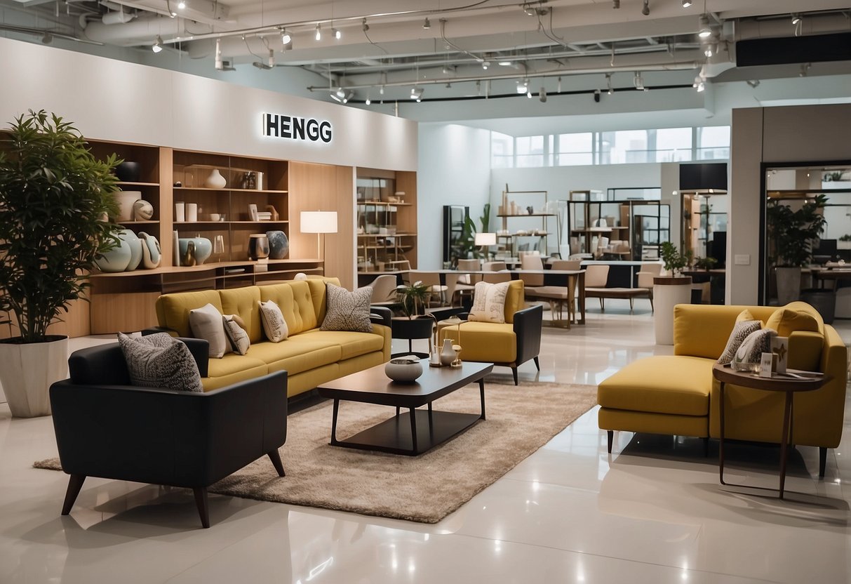A spacious showroom with modern furniture displays and clear signage for shoppers at Heng Furniture