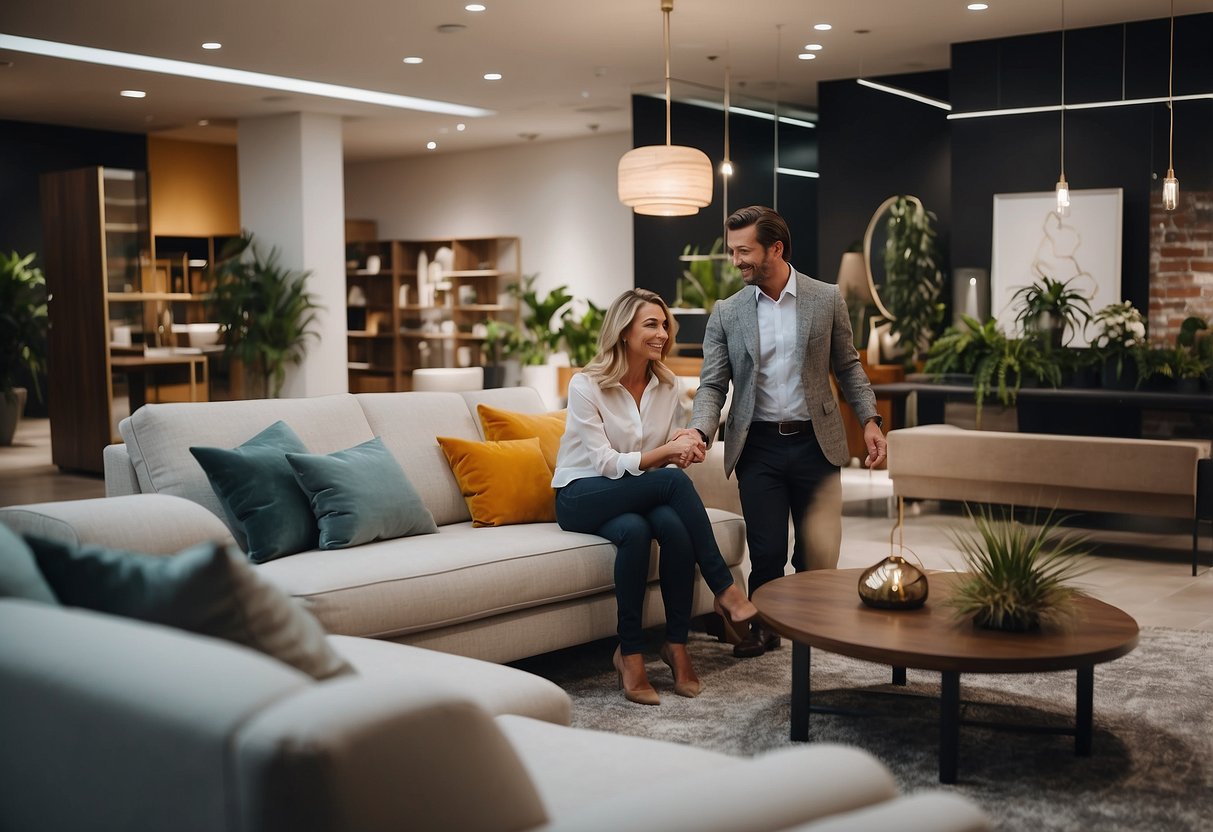 A customer service representative assists a client in a modern furniture showroom, surrounded by sleek and stylish pieces