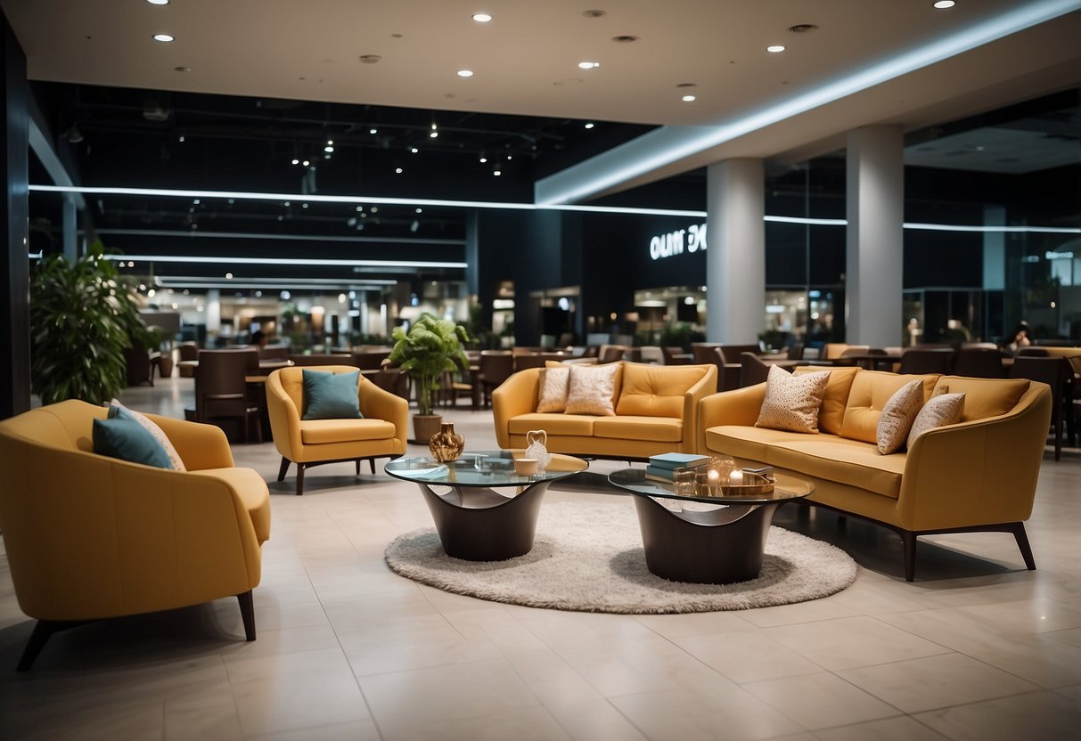 Courts Tampines furniture store with rows of modern sofas, tables, and chairs displayed under bright lighting