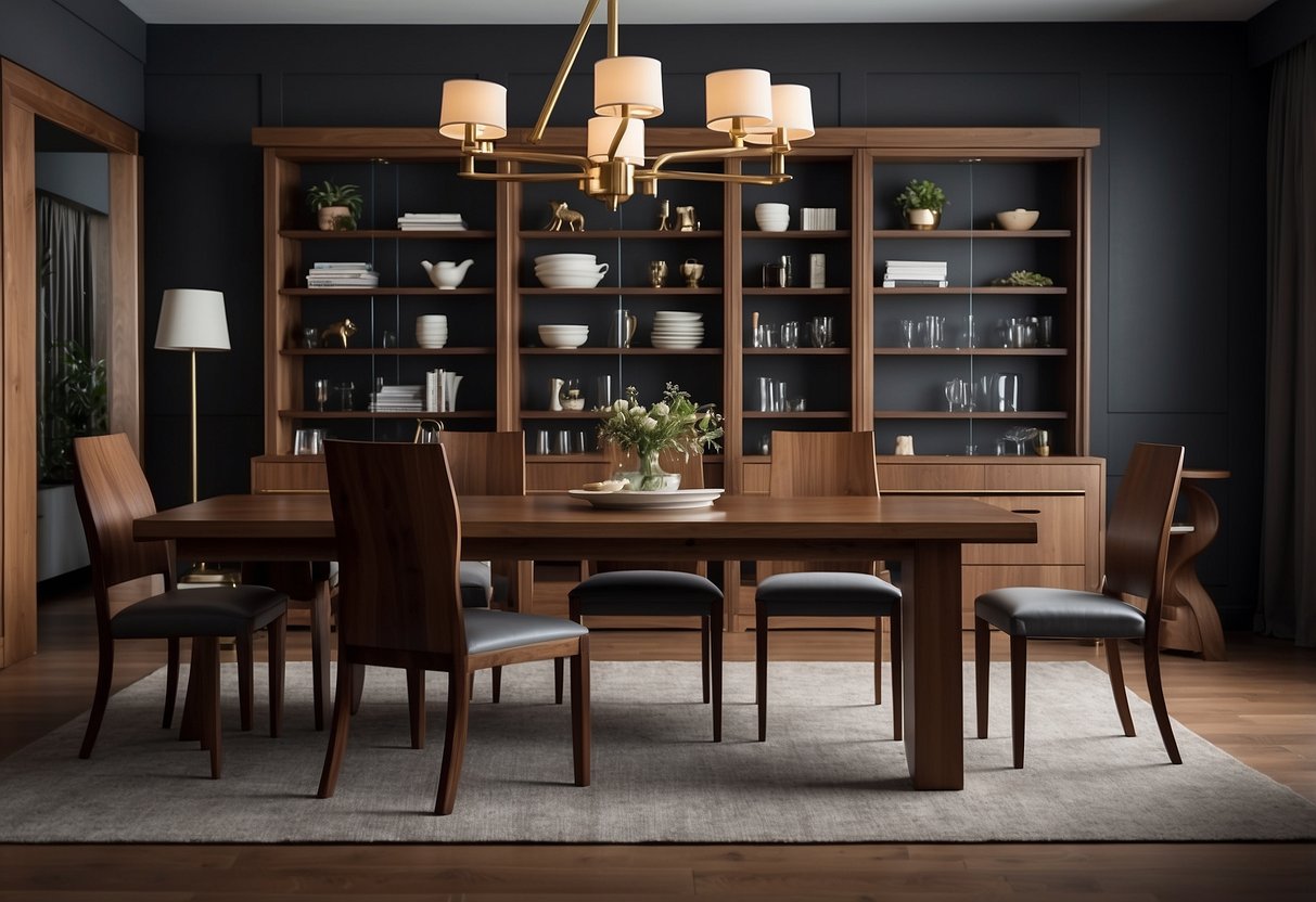 A room with solid walnut furniture, including a sleek dining table, chairs, and a bookshelf, all showcasing the rich, dark wood grain