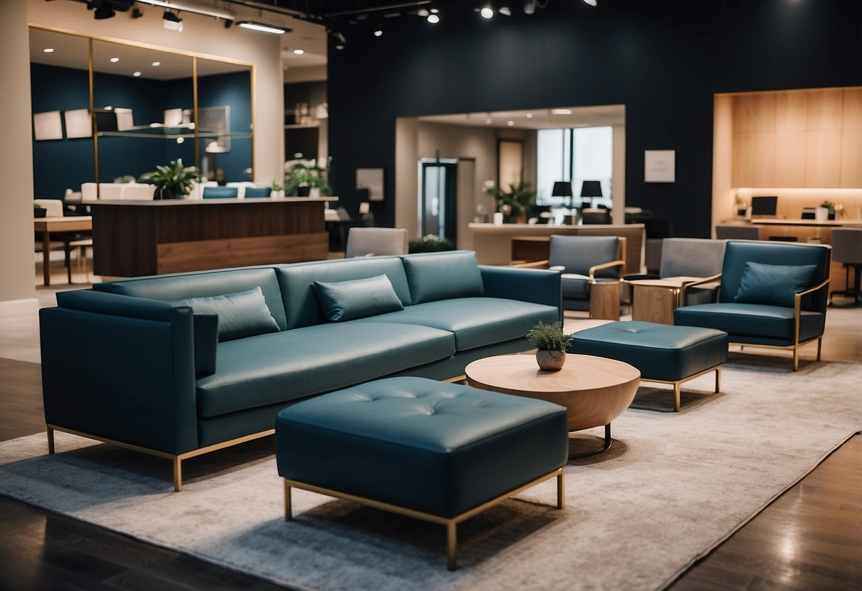 A modern furniture showroom with sleek designs, minimalist decor, and a customer service desk