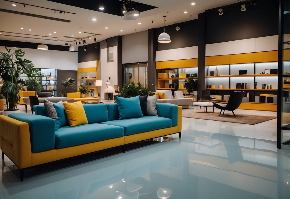A spacious showroom with modern furniture displays at Courts Tampines, featuring sleek designs and vibrant colors