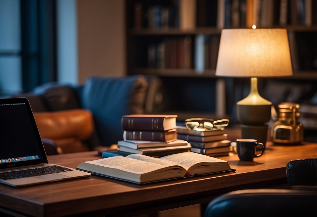 A study table with a stack of books, a laptop, and a pen holder, surrounded by a comfortable chair and a well-lit lamp