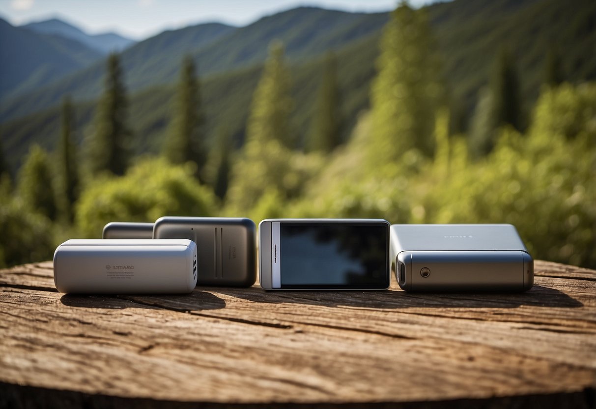 Five portable power banks arranged on a rustic camping table with a backdrop of a serene natural setting, featuring trees, mountains, and a clear sky