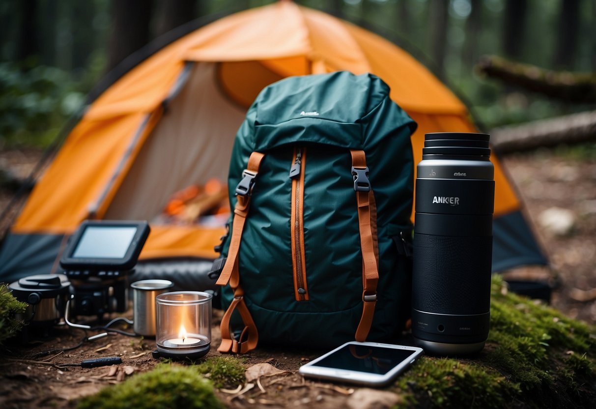 A camping scene with a tent, campfire, and backpack. An Anker PowerCore 20100 is plugged into a phone, tablet, and camera