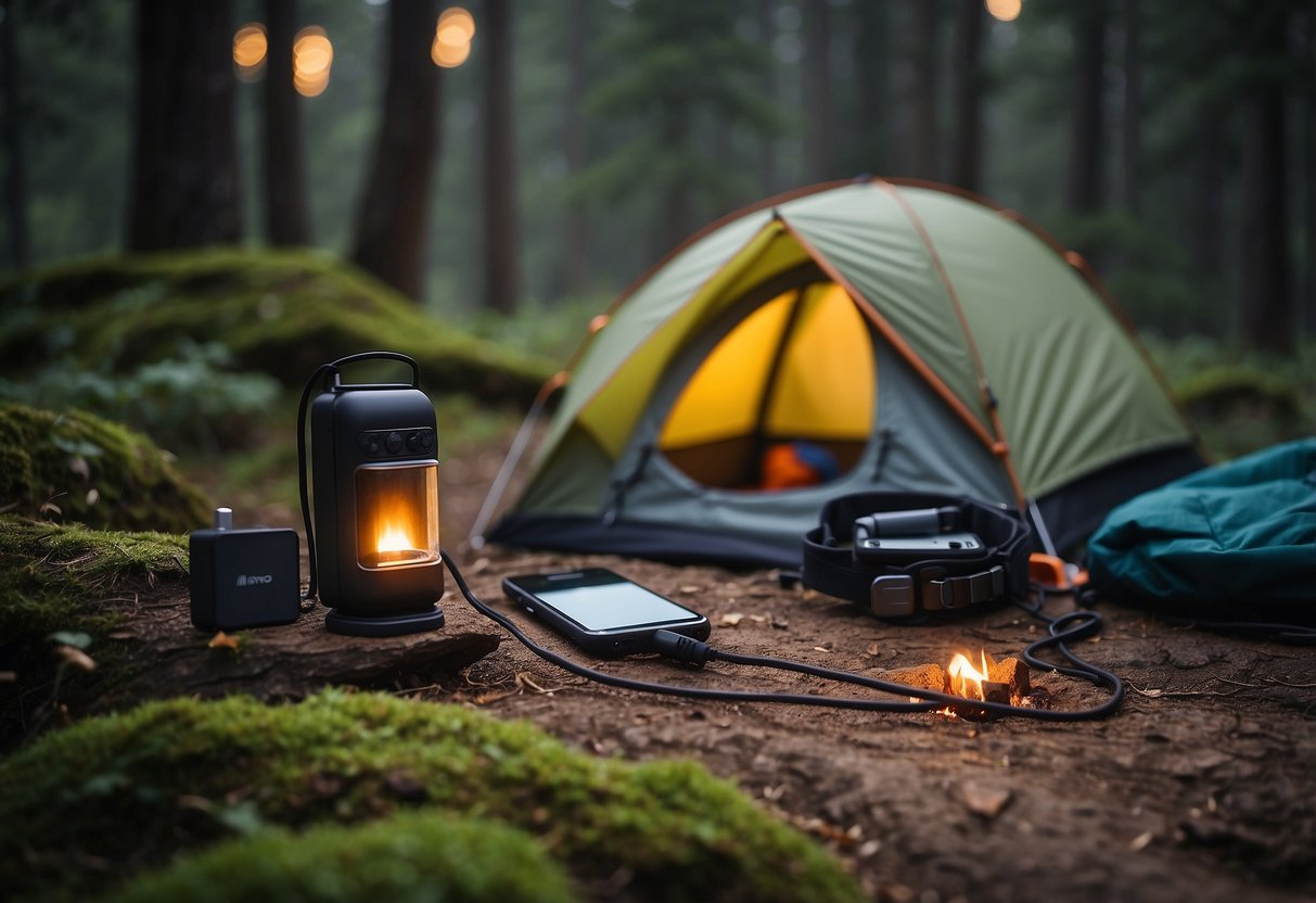 A rugged campsite with a tent, campfire, and backpack. A portable charger is plugged into a phone, tablet, and flashlight