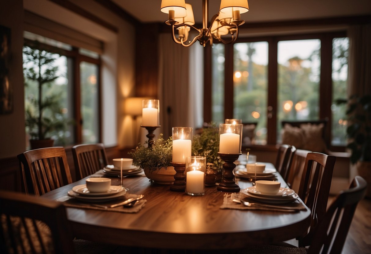 A cozy living room with warm lighting showcases a beautiful, handcrafted walnut dining table and chairs. The natural wood grain and rich color of the furniture exude a timeless appeal