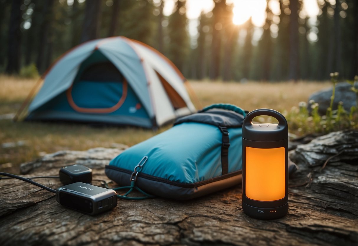 A camping scene with a tent, campfire, and backpack. A Jackery Bolt 6000 portable power bank is plugged into a phone, tablet, and flashlight