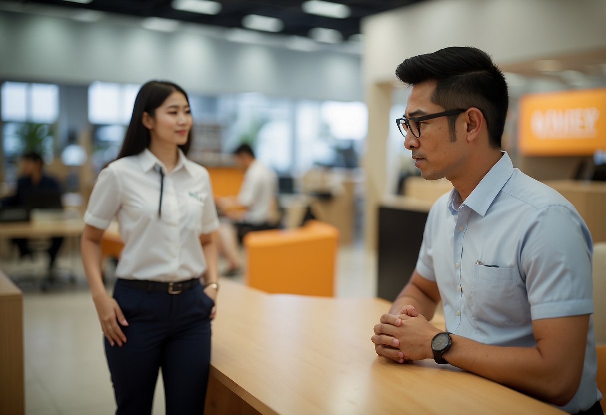 A customer service representative answers questions about furniture at the Tampines courts store