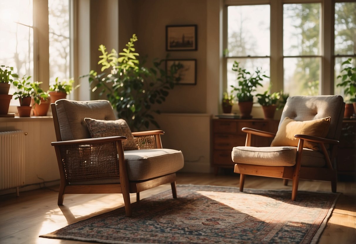 A cozy living room with a vintage armchair, a wooden coffee table, and a patterned rug. Sunlight streams in through the window, casting a warm glow on the charming furniture