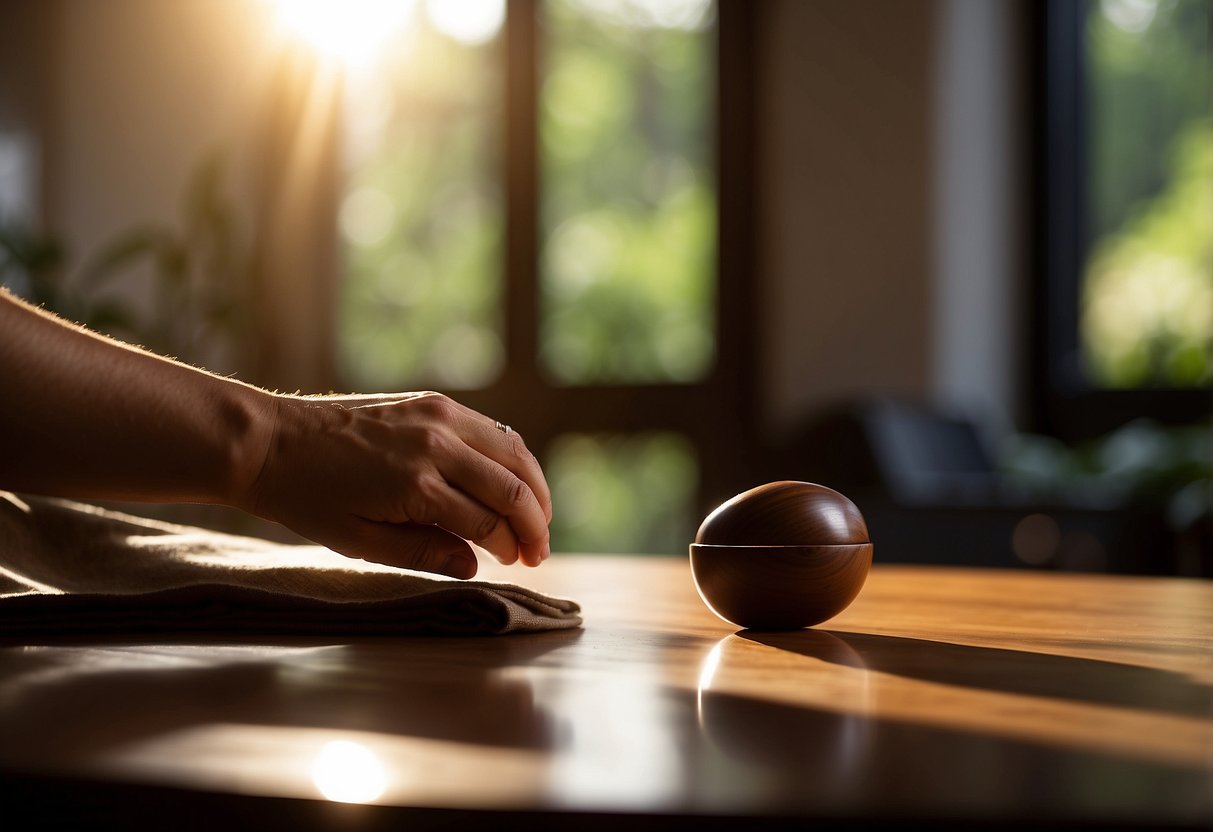 A hand gently polishing a rich, smooth walnut table, with warm light streaming in through a nearby window
