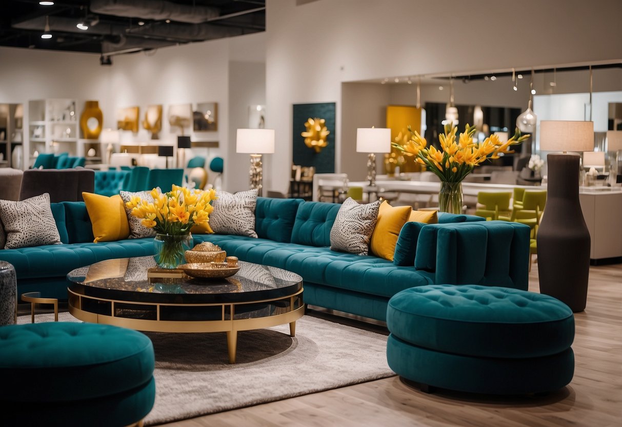 A well-lit showroom at Malouf Furniture, with sleek modern designs and luxurious fabrics on display. Brightly colored accent pieces add a pop of vibrancy to the elegant setting