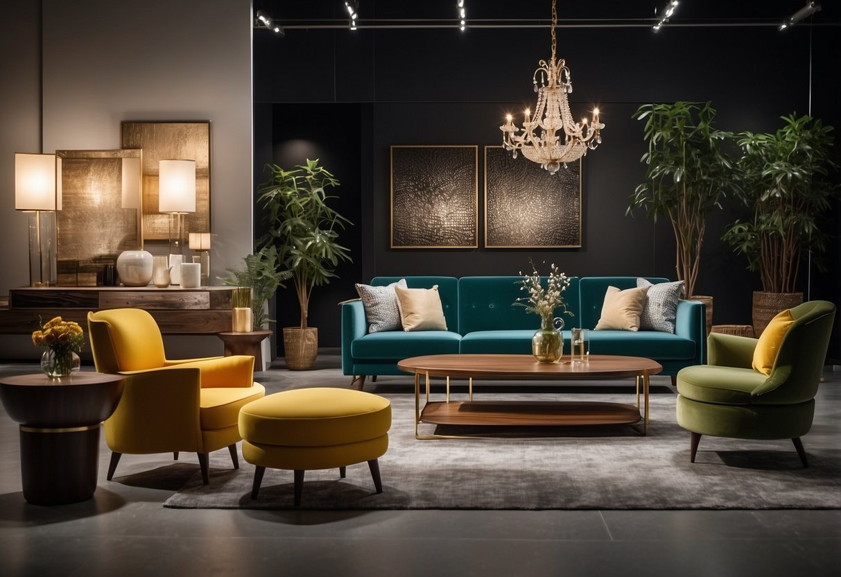 A spacious showroom with modern and classic furniture displays, elegant lighting, and vibrant decor