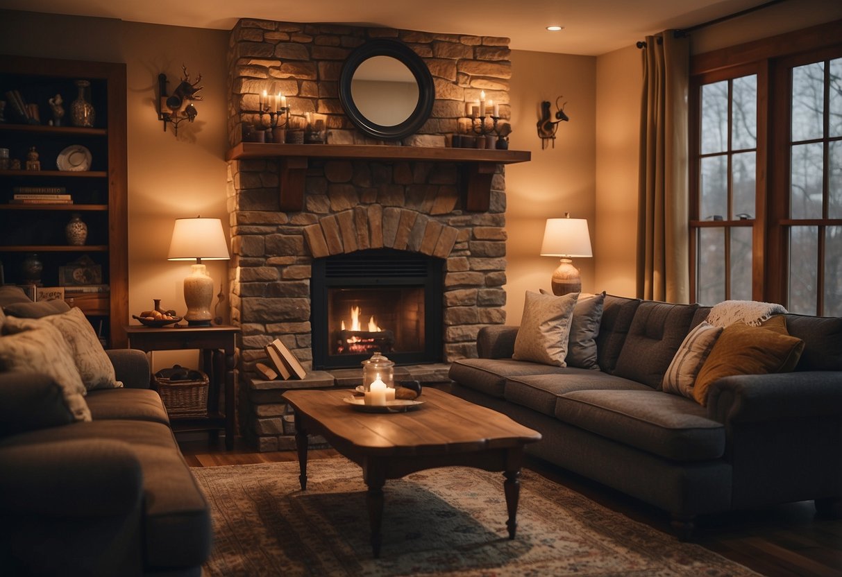 A cozy living room with vintage charm furniture, warm lighting, and a crackling fireplace