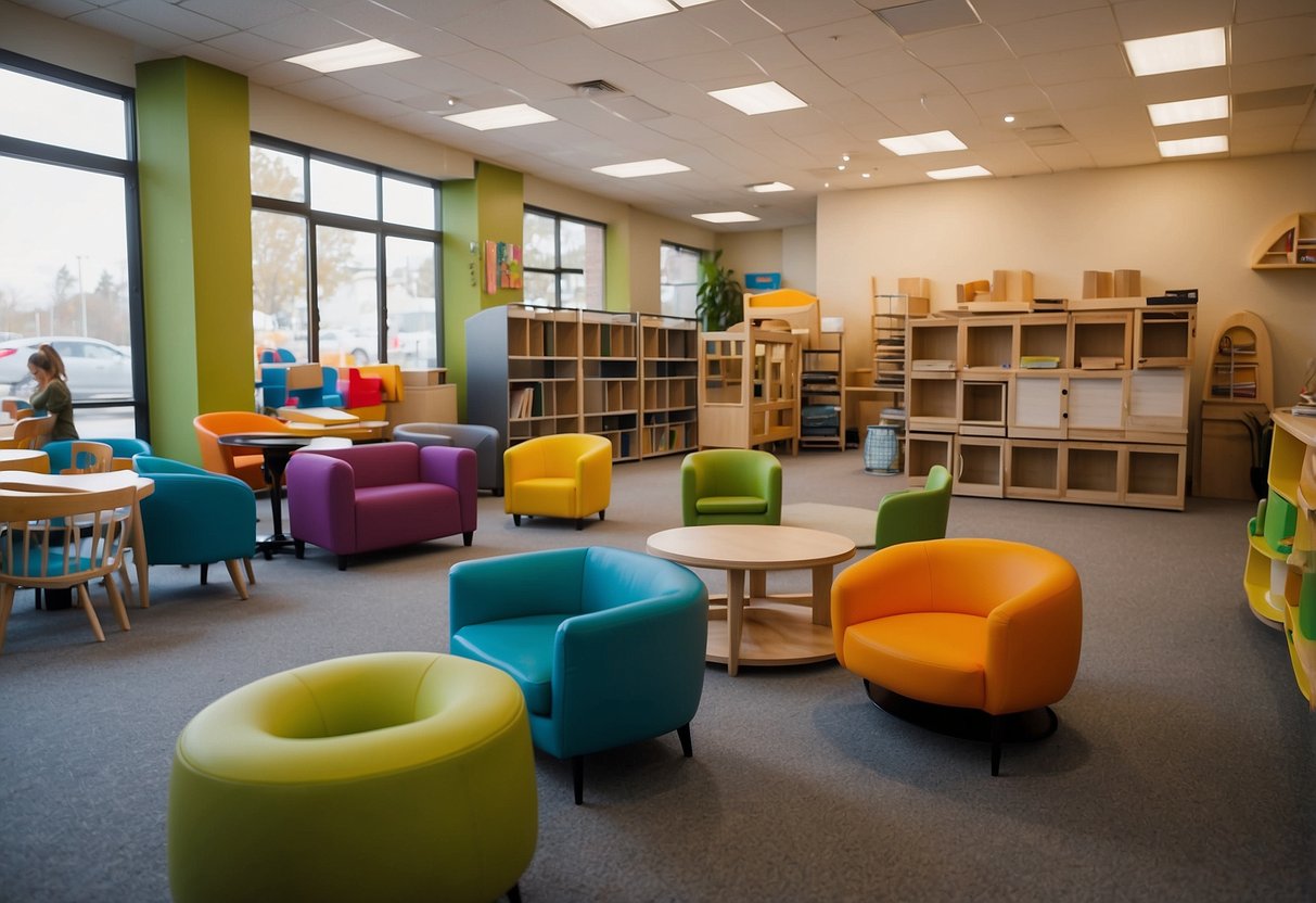 A person selects daycare furniture from a variety of options at a showroom