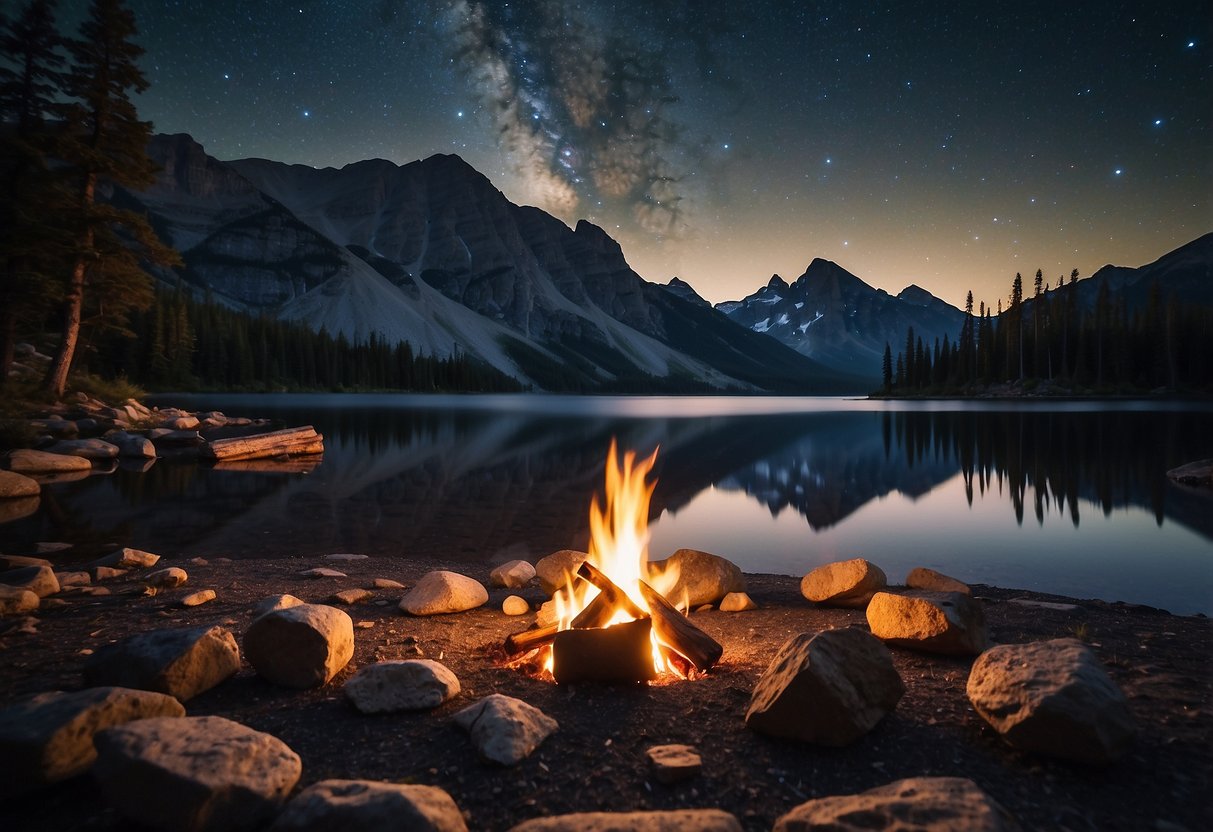 A serene lakeside campsite with towering mountains in the background, a crackling campfire, and a starry night sky above