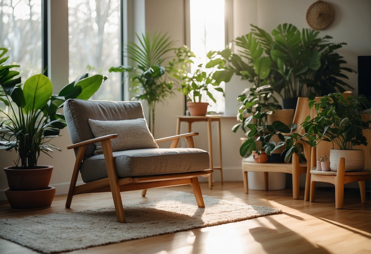A cozy living room with eco-friendly furniture, natural lighting, and plants. The customer is enjoying a book in a comfortable chair, surrounded by sustainable decor