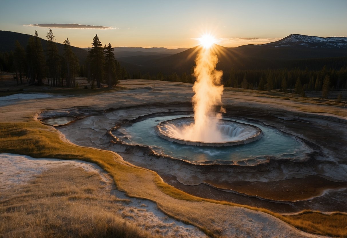 Sunset over Yellowstone's iconic geysers and lush forests, with a backdrop of snow-capped mountains and a clear, starry sky