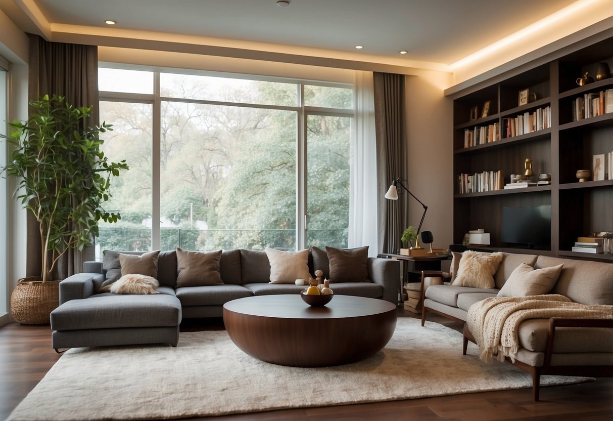 A sleek, modern living room with a warm, inviting atmosphere. A solid walnut coffee table and bookshelves stand out as focal points, surrounded by comfortable seating and soft lighting