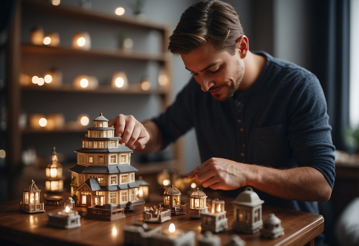 A person carefully selecting and arranging charm furniture in a cozy, well-lit room