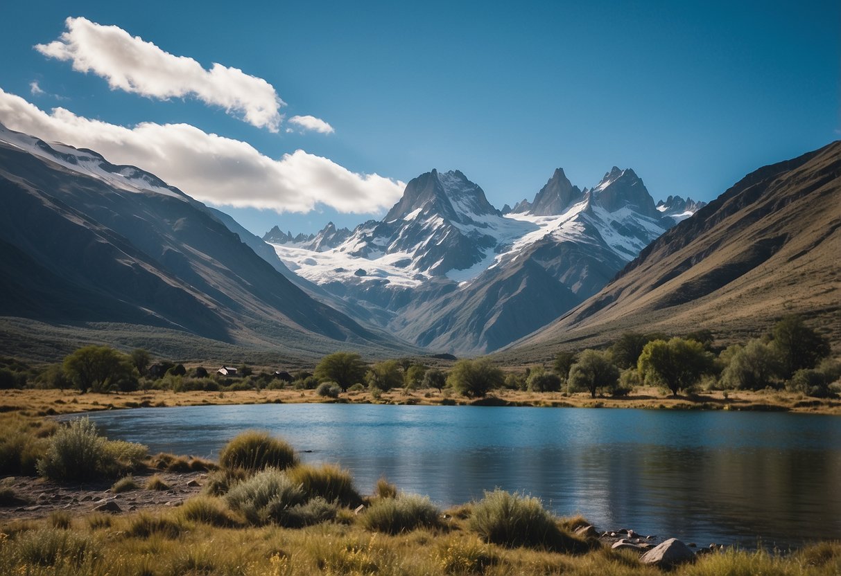 A serene campsite nestled in the Chilean Andes, surrounded by towering peaks and lush greenery. A crystal-clear river flows nearby, reflecting the stunning landscape. The sky is a brilliant shade of blue, with wispy clouds drifting lazily overhead