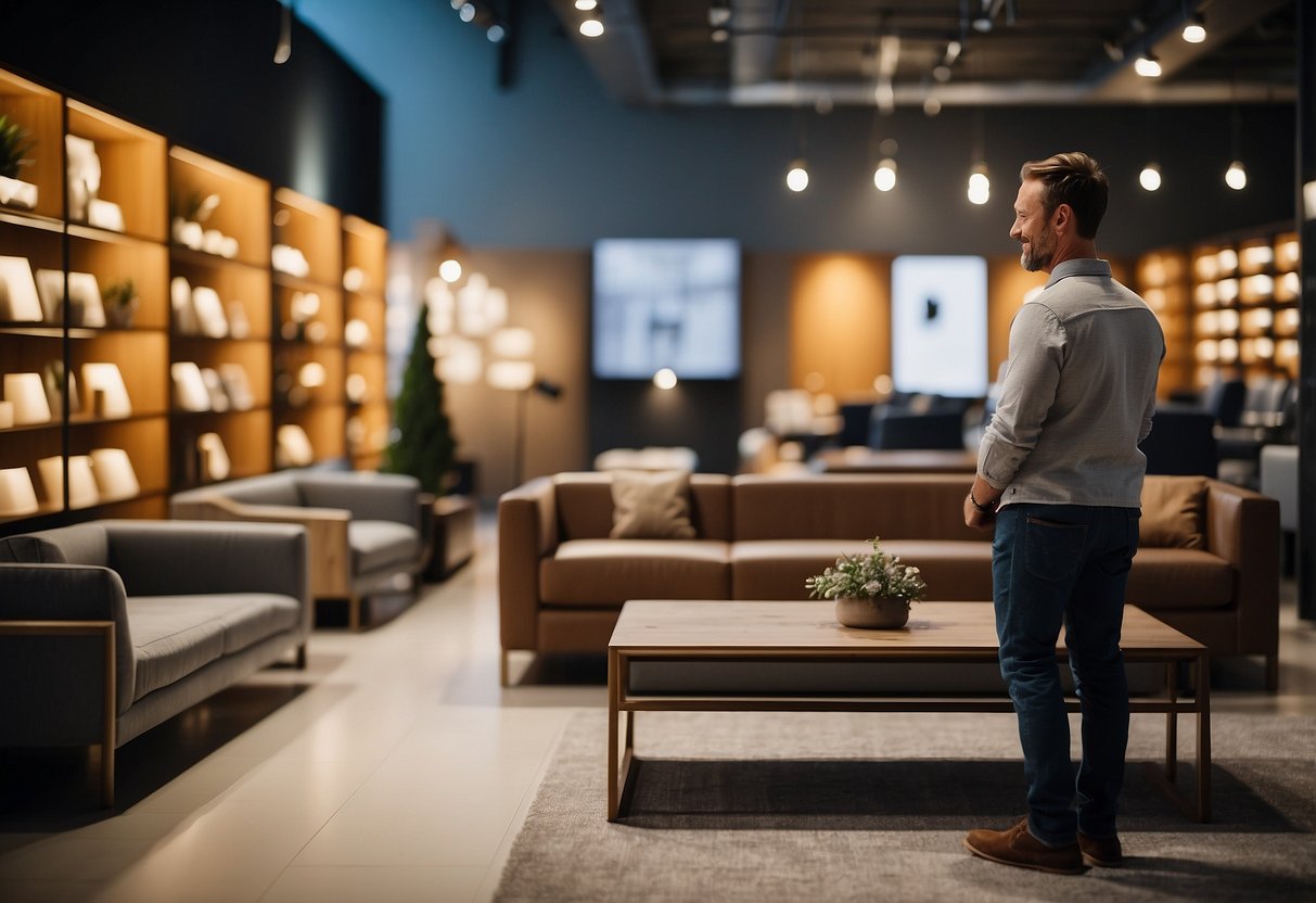 A customer browsing through a display of beautifully designed furniture with a "Frequently Asked Questions" sign in the background