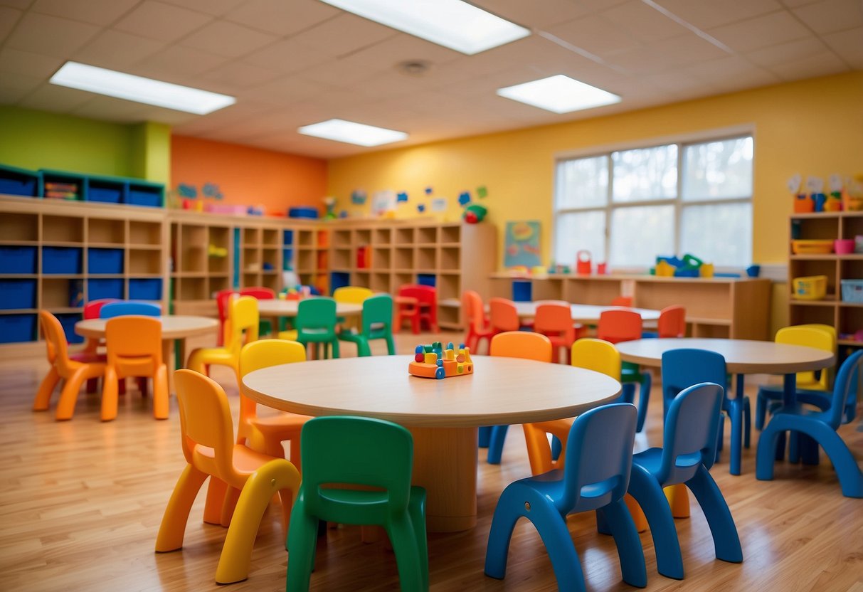 A bright and colorful daycare room filled with child-sized tables, chairs, and shelves. Toys and educational materials are neatly organized, creating a welcoming and stimulating environment for young children