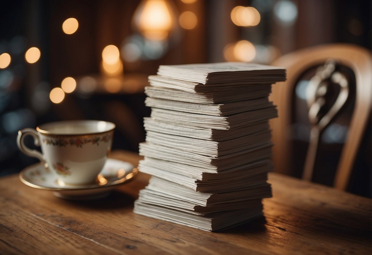 A stack of FAQ cards atop a vintage wooden table with a charming, ornate chair beside it