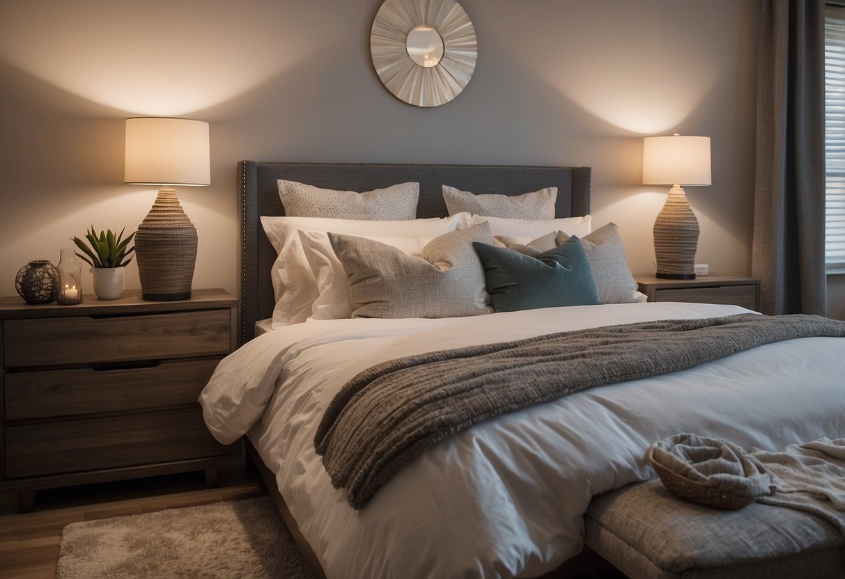 A cozy bedroom with a queen-sized bed, nightstands, and a dresser. Soft lighting and plush bedding create a comfortable and inviting atmosphere