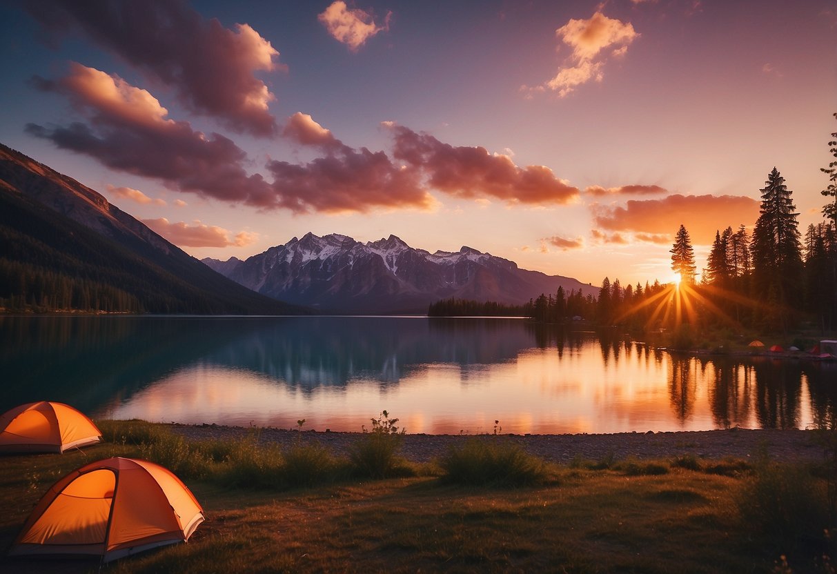 Sunset over a serene lake, with colorful tents nestled among towering trees and majestic mountains in the background. The sky is painted with hues of pink and orange, creating a picturesque setting for camping