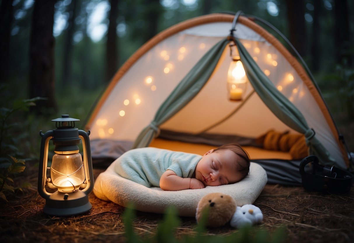 A baby sleeping peacefully in a cozy tent surrounded by nature, with a diaper bag and baby essentials neatly organized nearby. The soft glow of a lantern illuminates the scene, creating a warm and inviting atmosphere