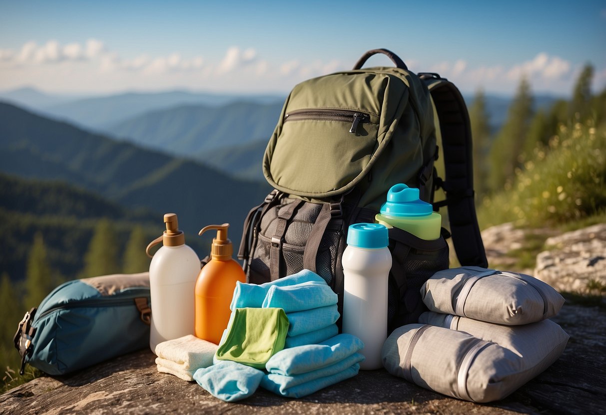 A backpack overflowing with diapers and wipes, surrounded by camping gear and a baby carrier, set against a scenic outdoor backdrop