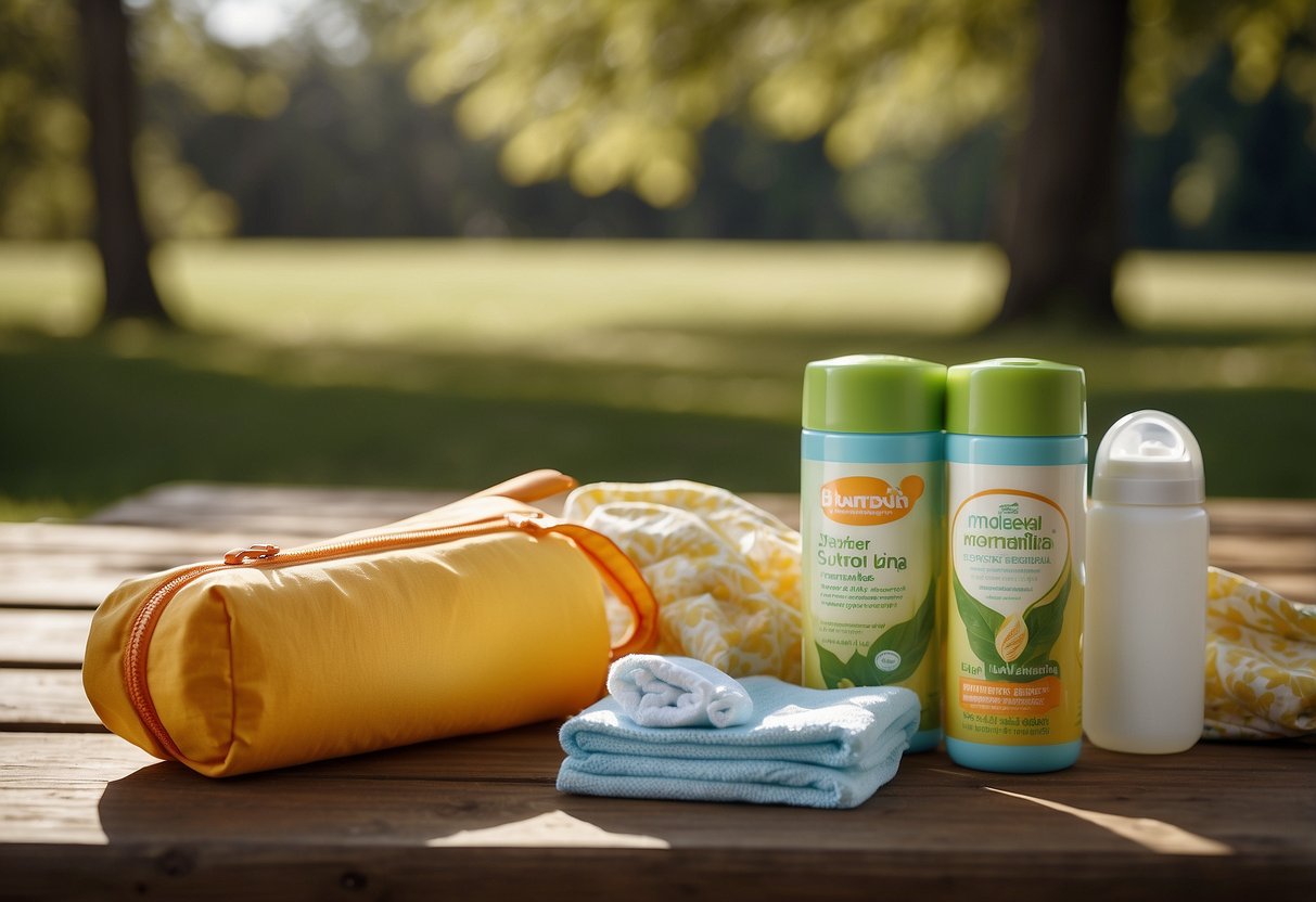 A baby-safe sunscreen and insect repellent are placed on a picnic table next to a diaper bag and baby wipes. The sun is shining, and a gentle breeze rustles the leaves of nearby trees