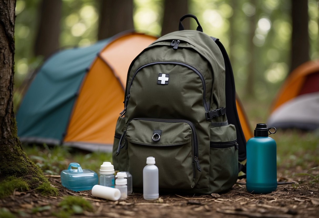 A backpack with a first aid kit, baby supplies, and camping gear sits on the ground next to a tent in a wooded campsite