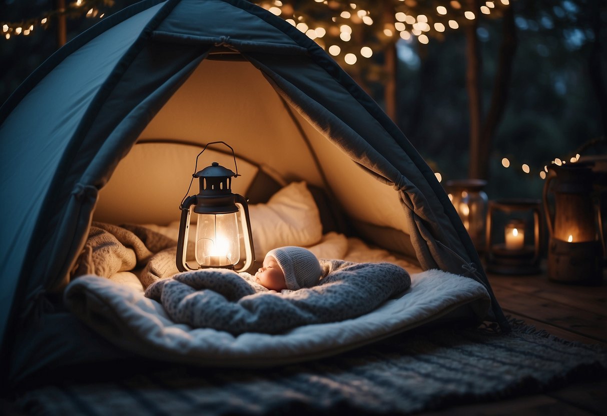 A cozy tent with soft blankets and pillows, a dimly lit lantern, and a sleeping baby nestled in a secure, breathable crib