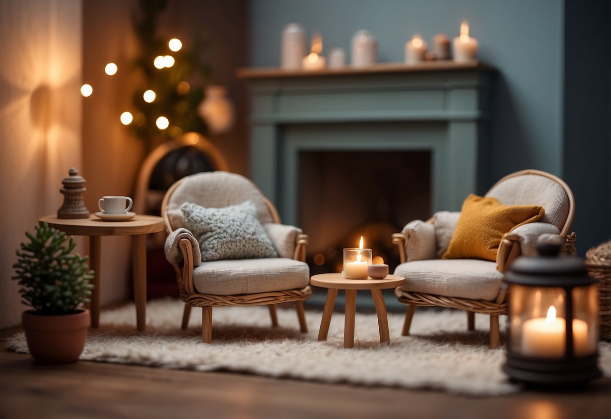 A cozy living room with miniature Maileg mouse furniture, including a tiny sofa, coffee table, and armchair, all arranged neatly in front of a miniature fireplace