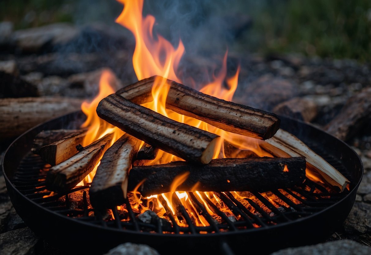 A campfire with five different cooking grates set up over the flames, each displaying a unique design and size