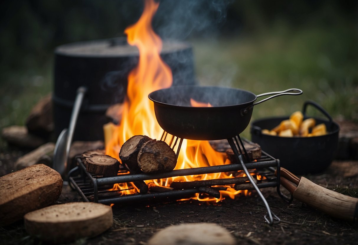 A roaring campfire with a sturdy Pioneer Campfire Grate set up over the flames, ready for cooking. Surrounding the fire are various cooking utensils and ingredients, with a rustic outdoor setting in the background