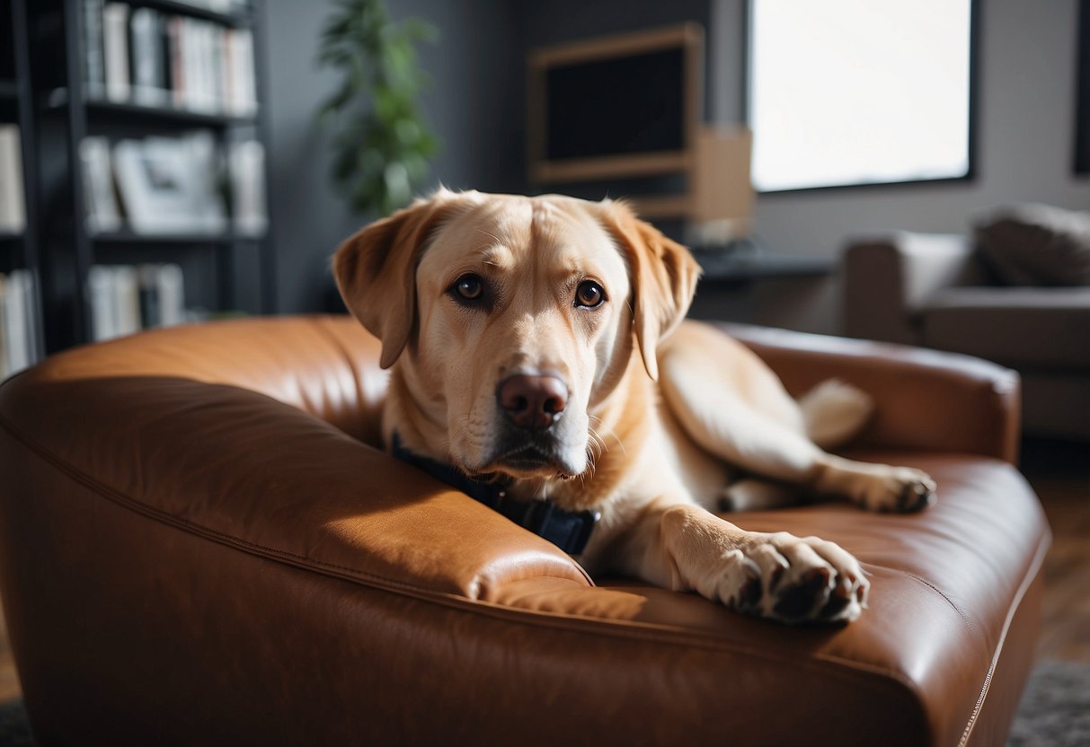 A labrador lounges on a star-shaped living room furniture in a modern lab setting