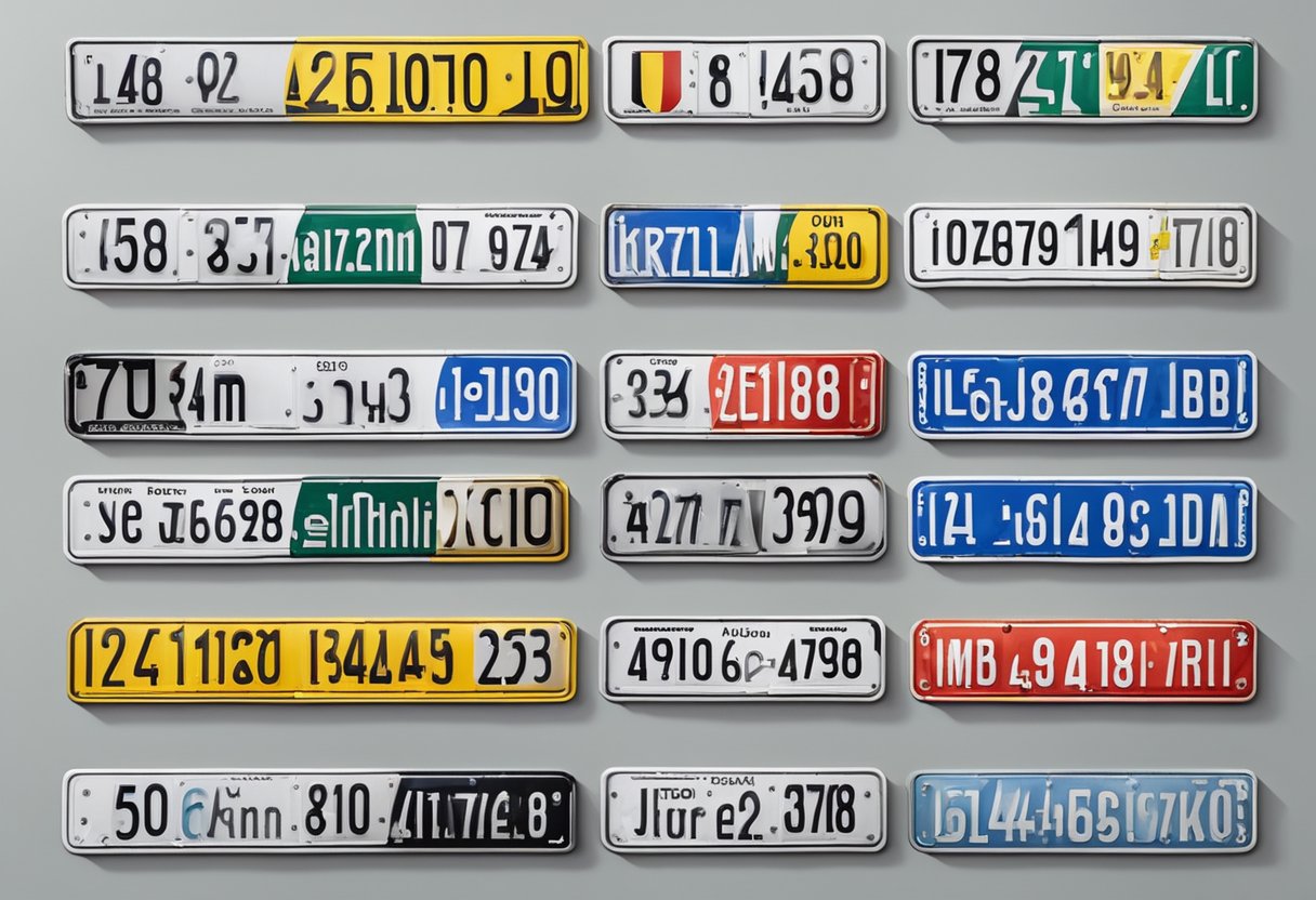 A row of German car license plates arranged on a wall, displaying the distinctive black lettering on a white background