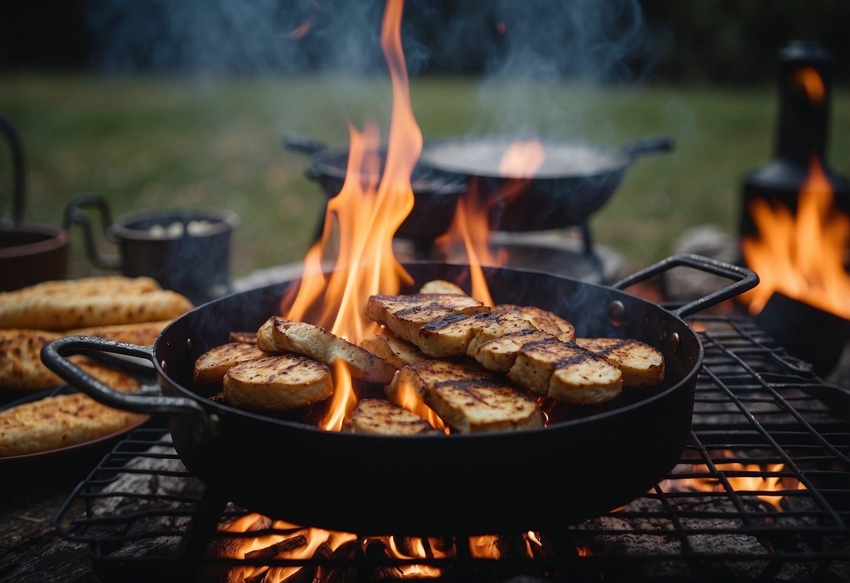 A roaring campfire with a large Stromberg Carlson JOE-237 grate in the center, surrounded by cooking utensils and food ready for grilling