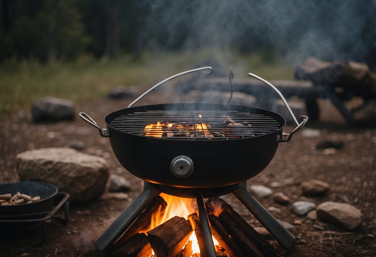 A Coleman tripod grill with lantern hanger stands over a campfire, surrounded by cooking grates