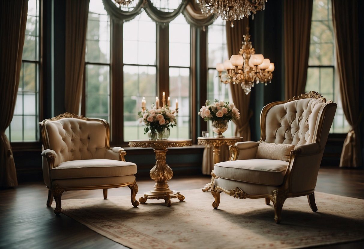 A grand Victorian-style armchair sits elegantly in a luxurious living room, surrounded by ornate side tables and a lavish chandelier