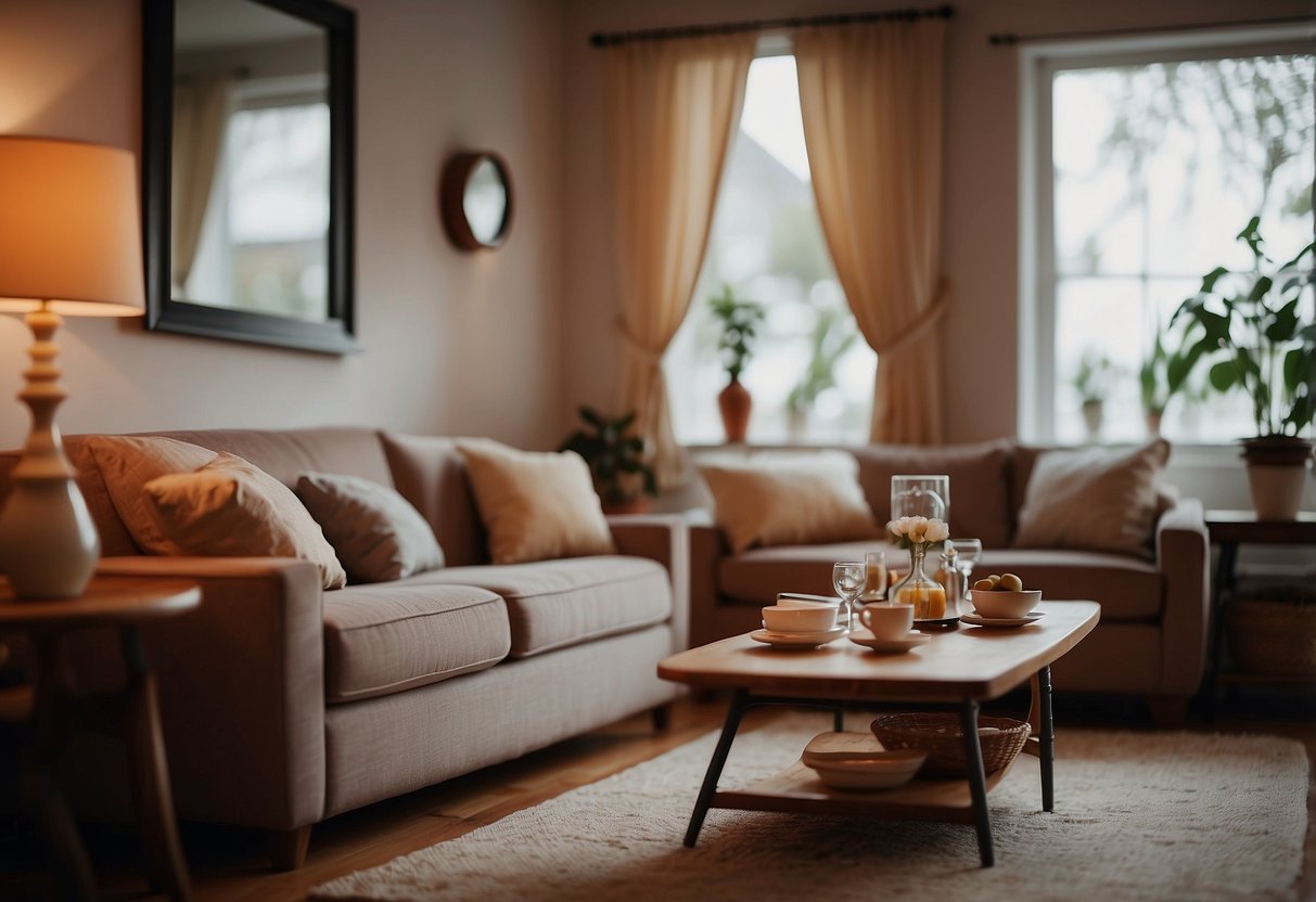 A cozy living room with tiny chairs, a miniature sofa, and a dainty dining table set with tiny dishes and cutlery