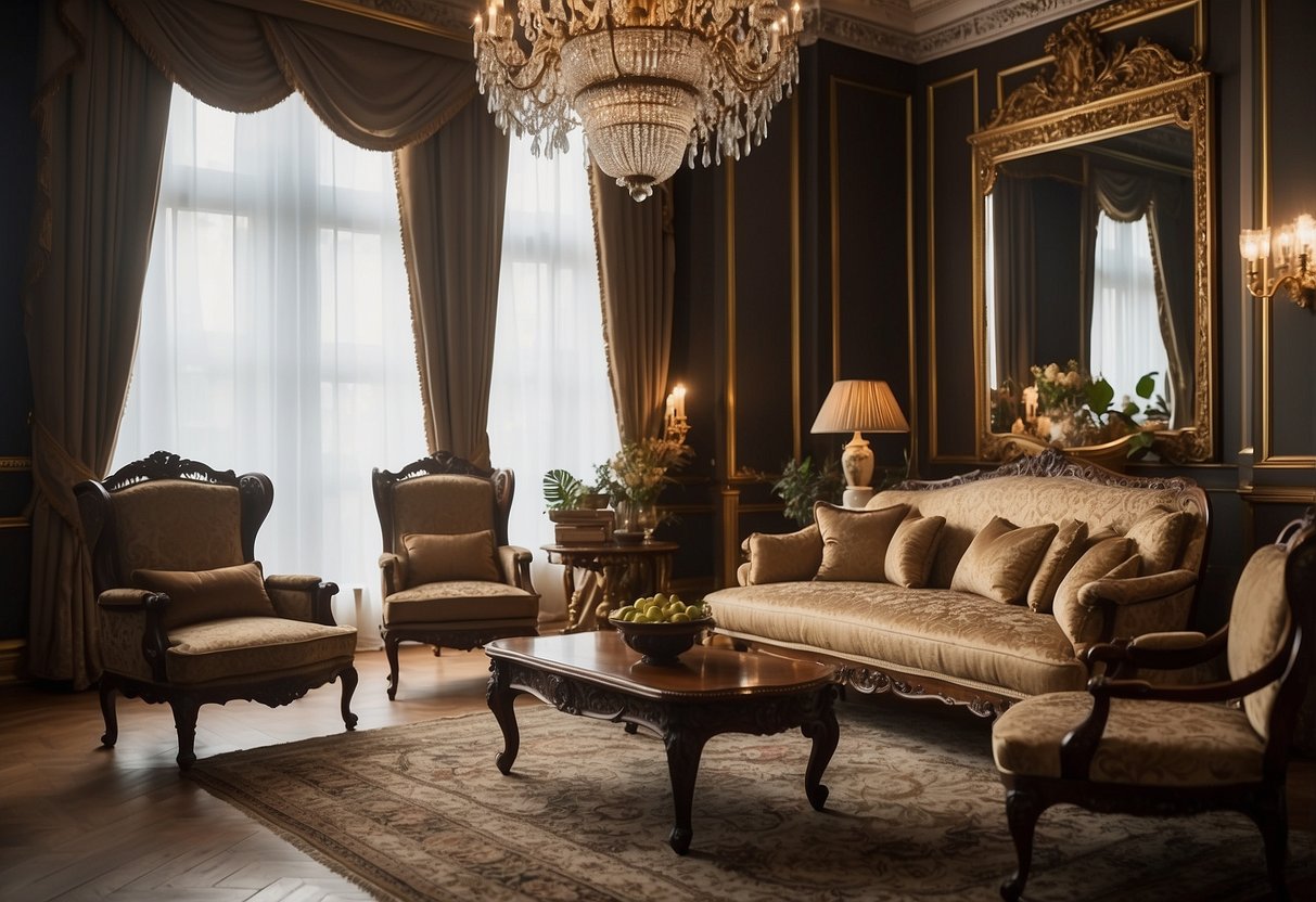 A room filled with ornate Victorian style furniture, including intricately carved chairs, tables, and cabinets, set against a backdrop of opulent wallpaper and luxurious drapery