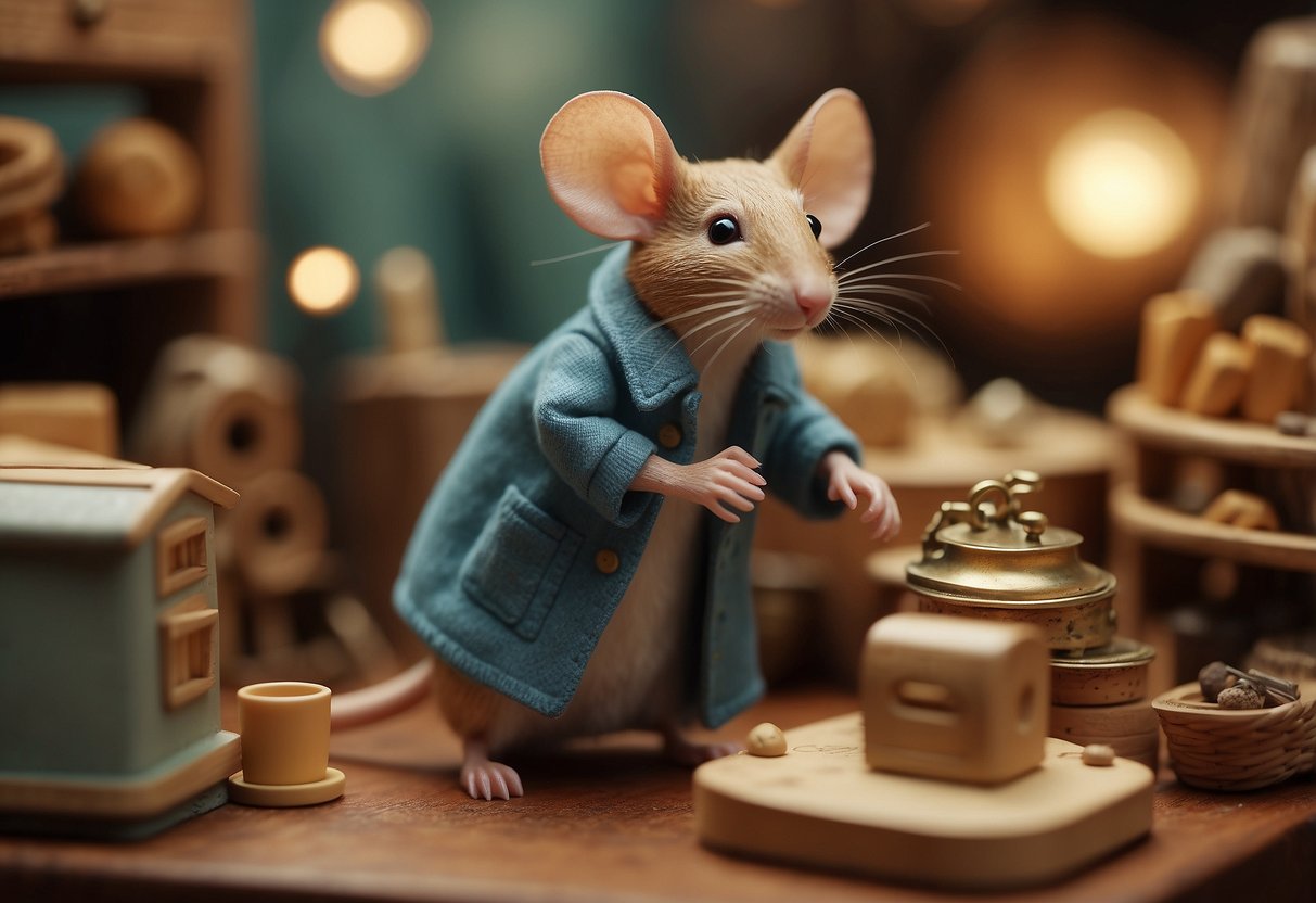 A maileg mouse carefully inspects tiny furniture in a charming shop