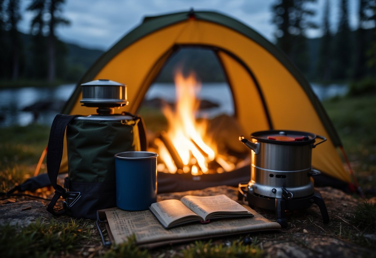 A campfire crackles under the starry sky. A tent is set up nearby, with a fishing rod leaning against it. A map and compass lay on the ground, next to a backpack and camping stove